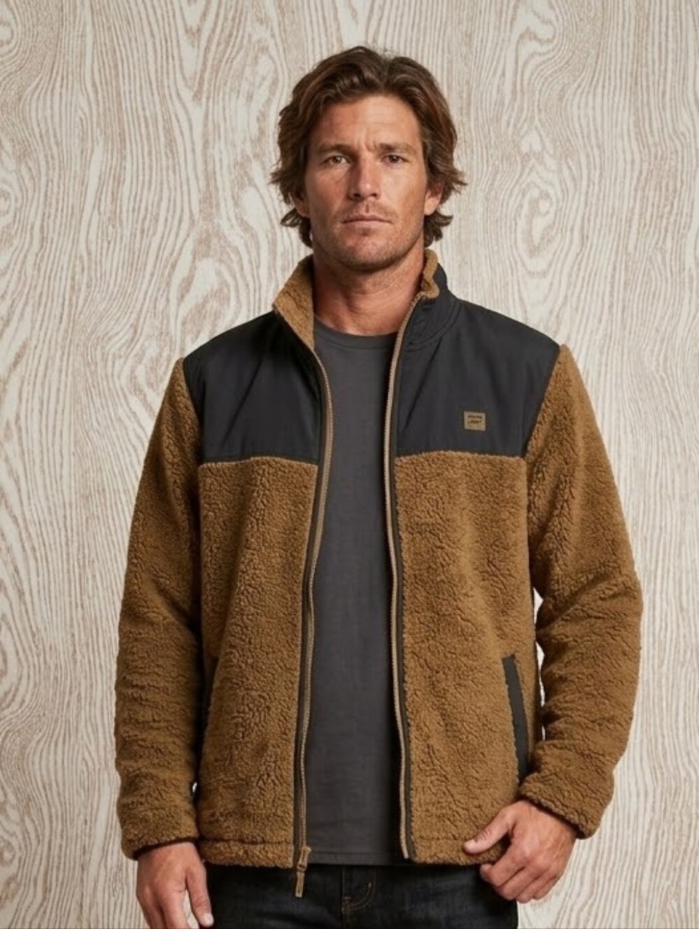 Billabong Adventure Division Mens Medium Full Zip Sherpa Fleece Jacket Brown